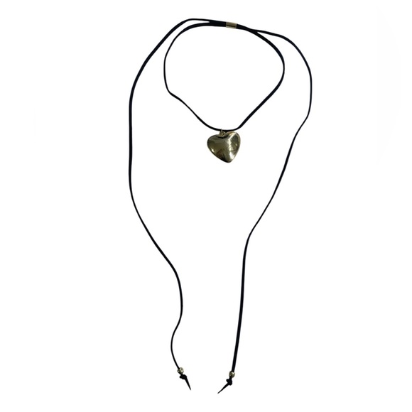 Puffy Gold Heart,Black straps Adjustable Choker Necklace - Picture 3 of 4